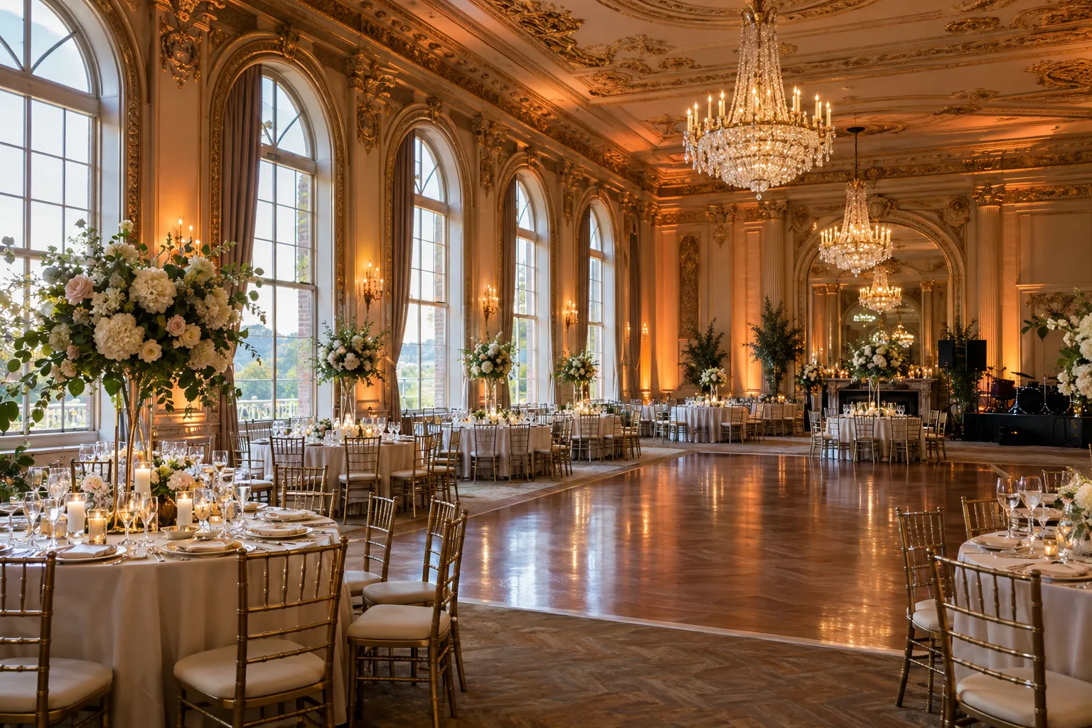 Historic ballroom set for a 300-guest wedding (illustrative)
