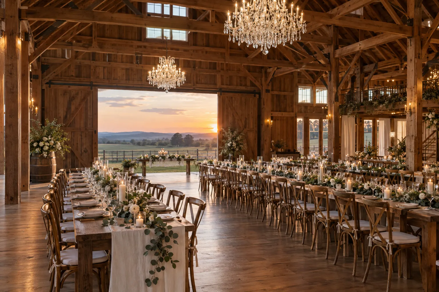 Timber barn wedding venue set for a large wedding (illustrative)