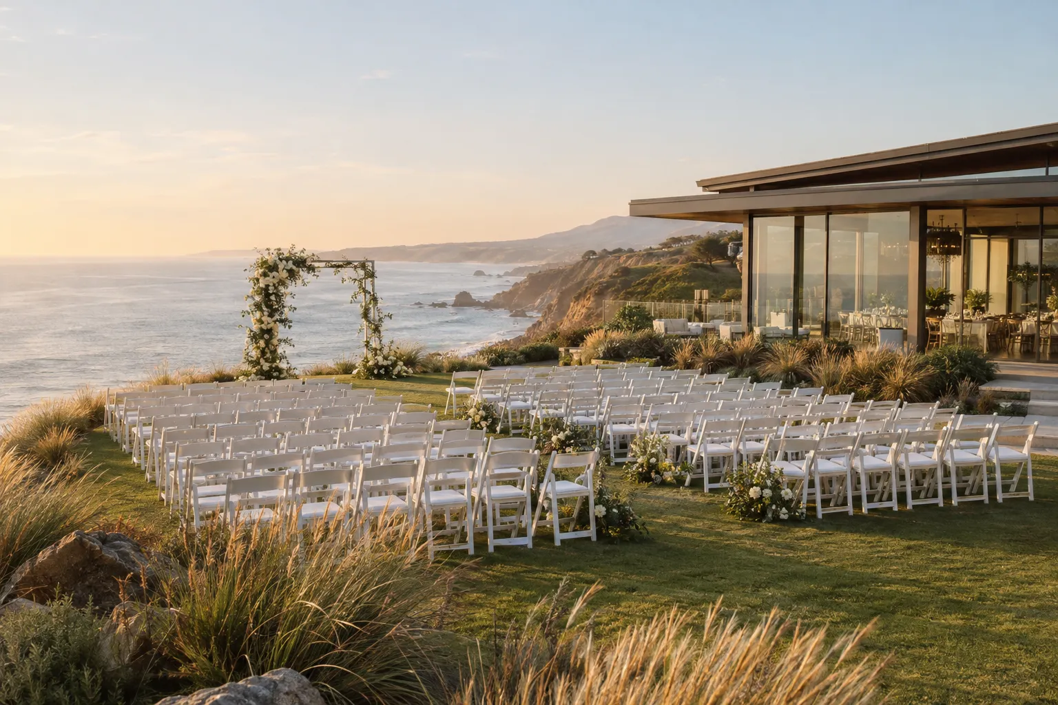 Coastal bluff wedding venue set for a large wedding (illustrative)