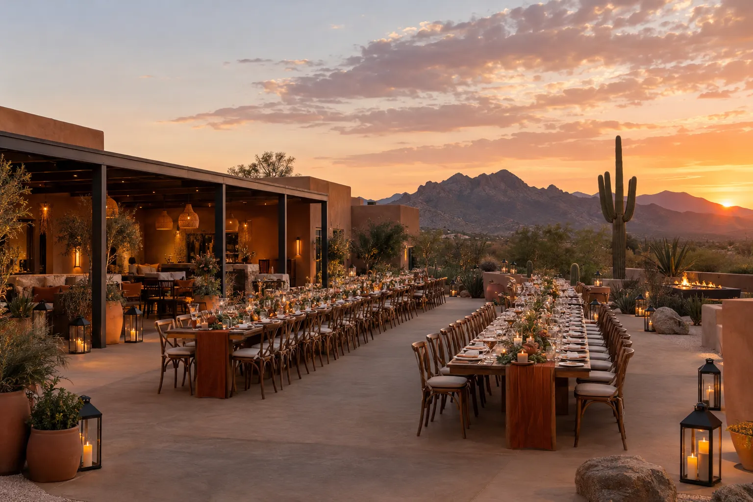 Desert ranch courtyard set for a wedding at sunset (illustrative)