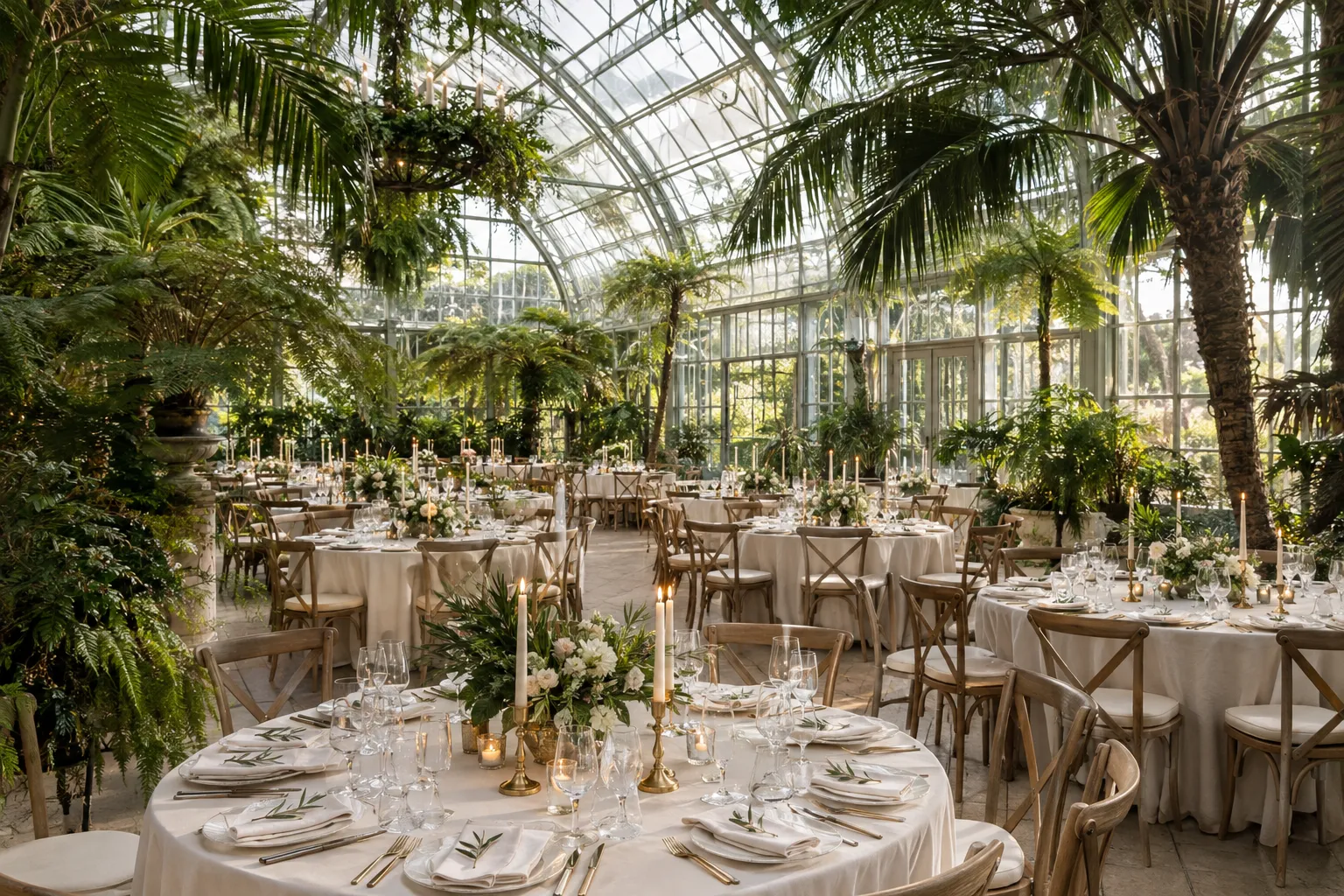 Glass conservatory set for a large wedding dinner (illustrative)