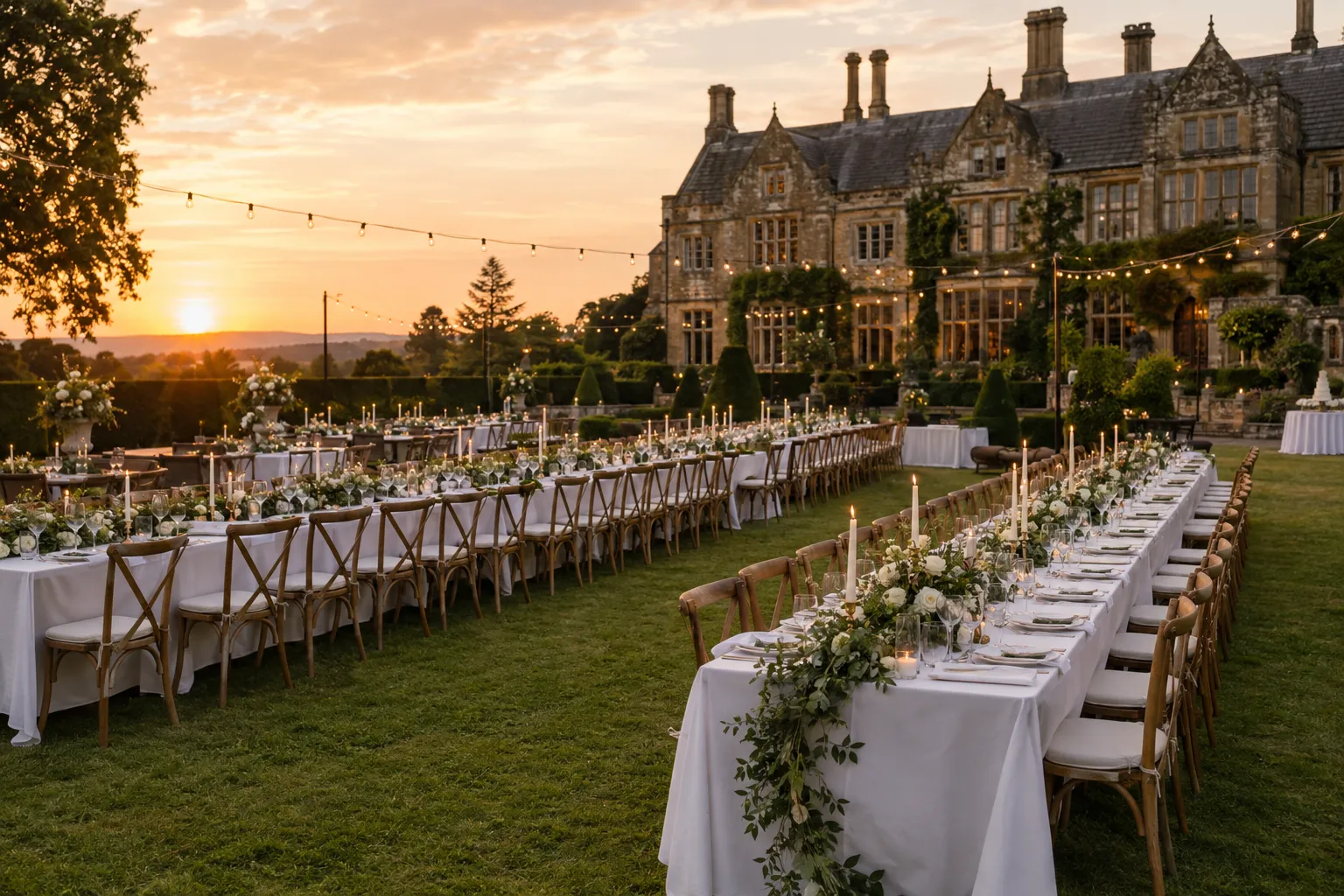 Historic estate lawn set with long banquet tables for a large wedding at golden hour (illustrative)