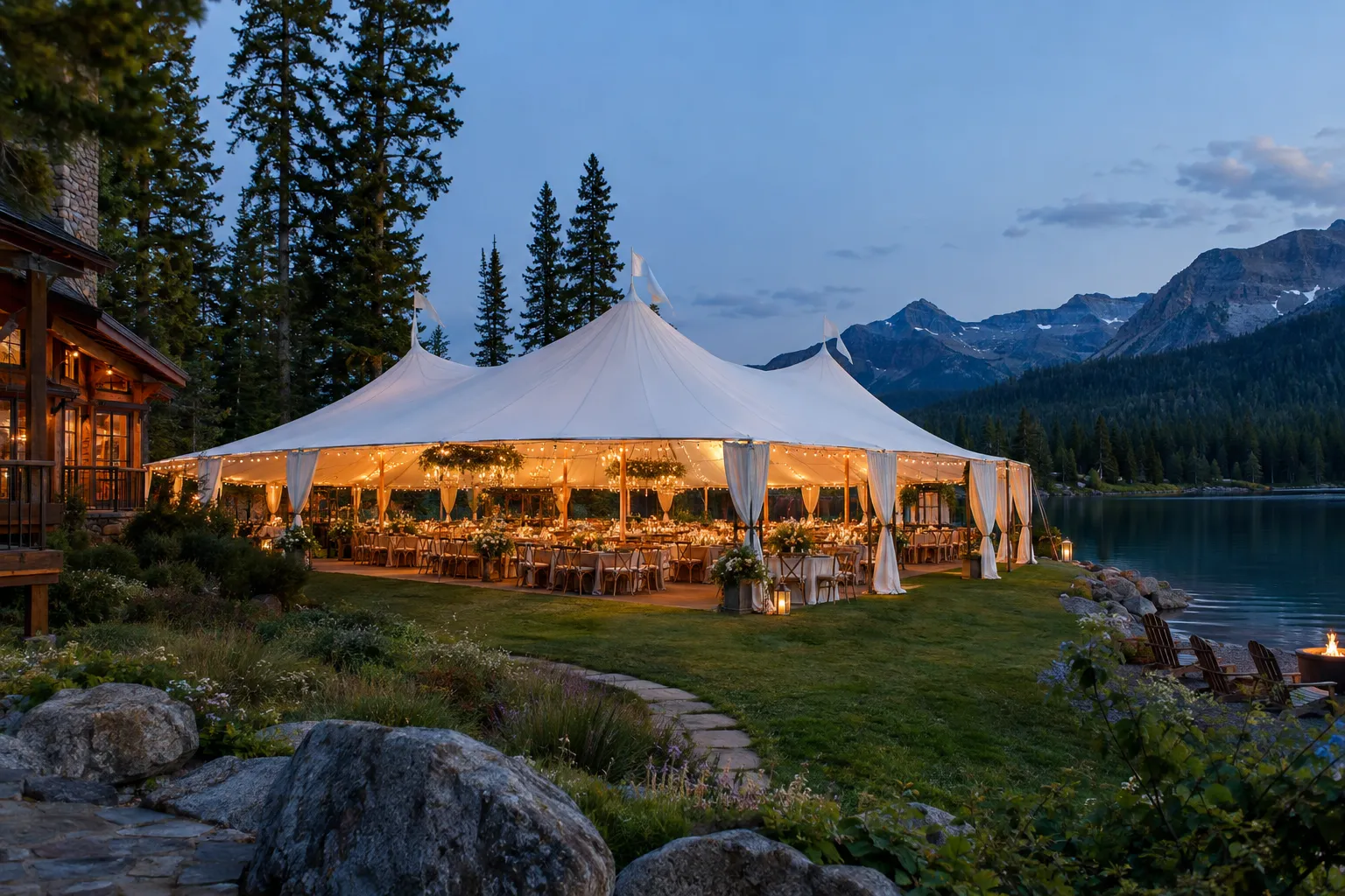 Lakeside lodge with a large sailcloth wedding tent at blue hour (illustrative)