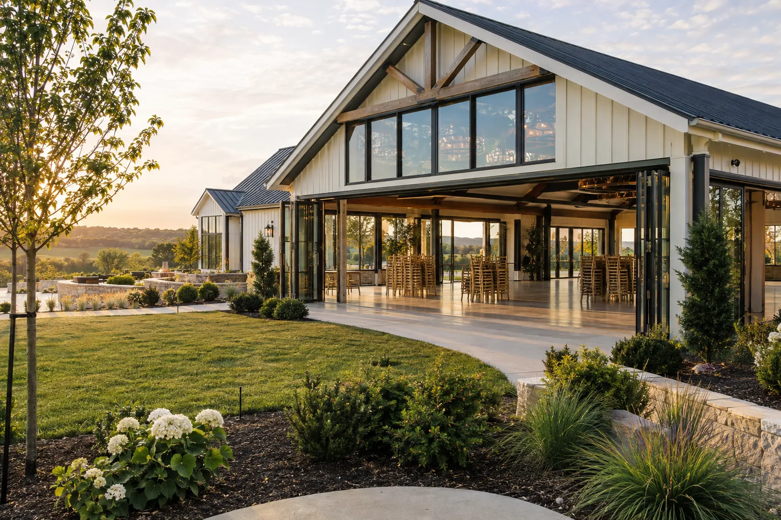 Newly built farmhouse pavilion venue preparing to open (illustrative)