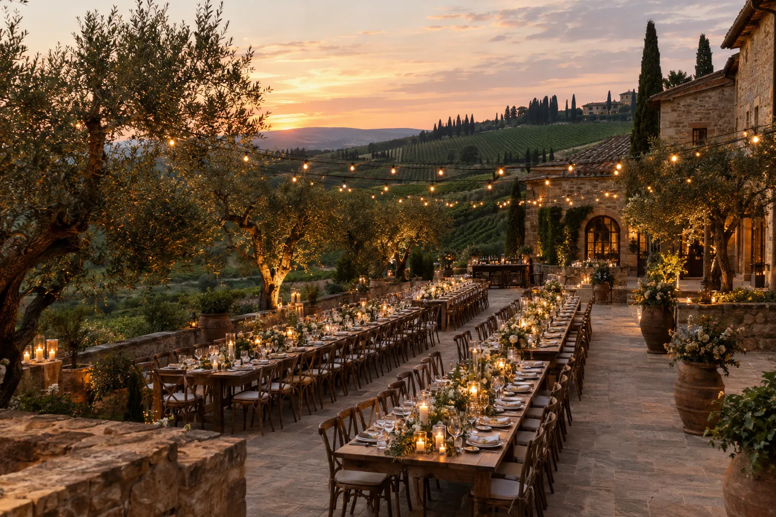 Vineyard terrace wedding venue set for a large wedding (illustrative)